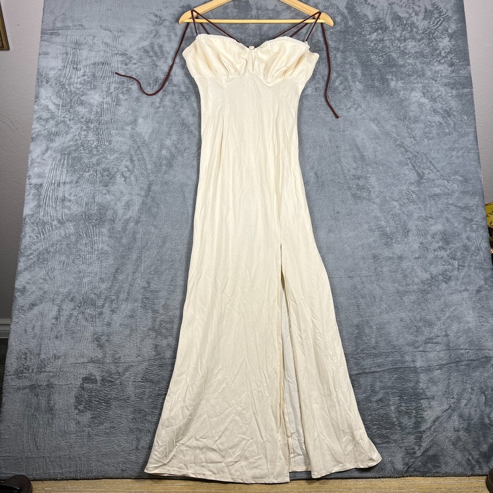 Showpo Maxi Slip Dress Womens 6 Beige Gathered Sweetheart Neck Straps Front Slit